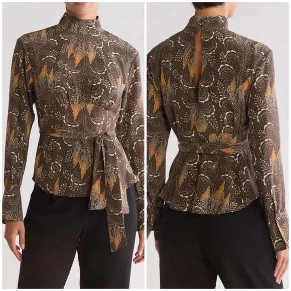 EQUIPMENT Brown Long Sleeve Tie Waist Silk Top Size 12 - Picture 5 of 13